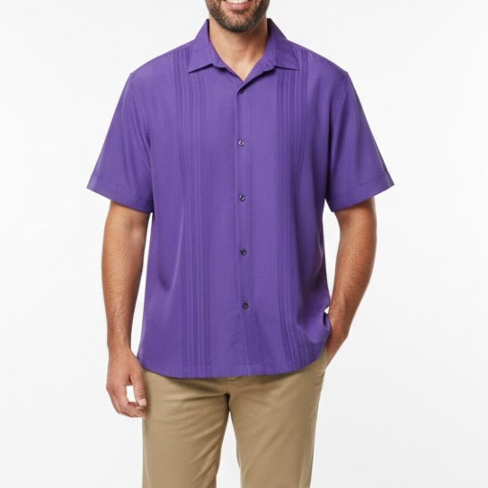 Claiborne Men's Large Purple Guayabera Style Pleated Camp Shirt